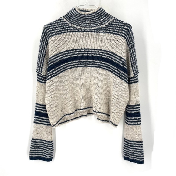 By Anthropologie Ribbed Linen Wool Blend Warm Classic Turtleneck Striped Sweater - Picture 5 of 10